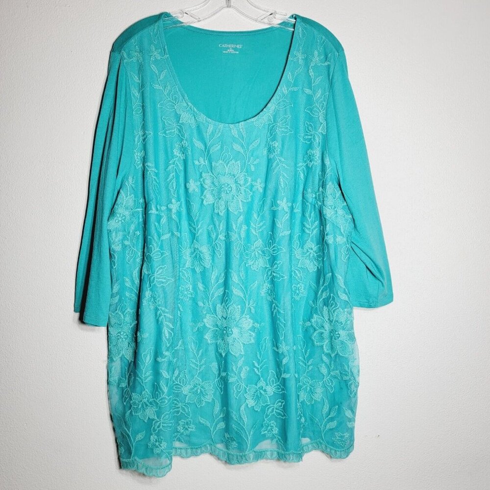 Catherines Embroidered Tunic Top Plus Size 1X 3/4 Sleeve‎ Pullover Stretch NWT